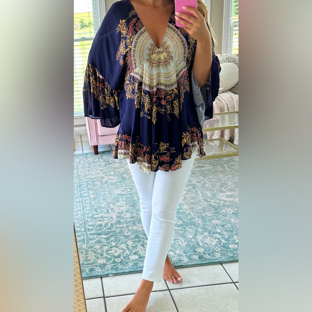 FREE PEOPLE Sunset Dreams Ruffle Top Blue womens S P